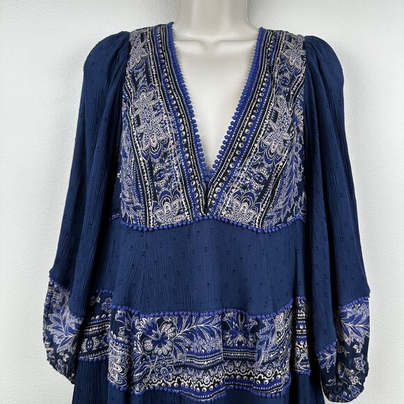 Free People My Love Mini Dress Long Sleeve Swing Pom Pom Paisley Blue Med Boho - Picture 4 of 16